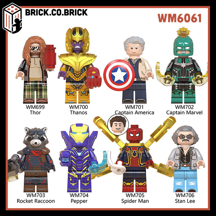 WM6061_brick_2_non_lego_minifigures_marvel_avengers_spider_man_stan_lee_captain_marvel_america_pepper_rocket_racoon_thor_th